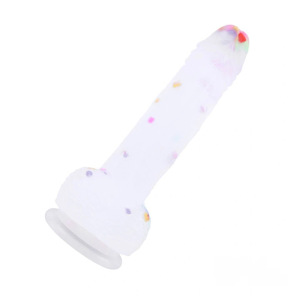 Clear dildo with colorful flecks and suction cup base, photo 2