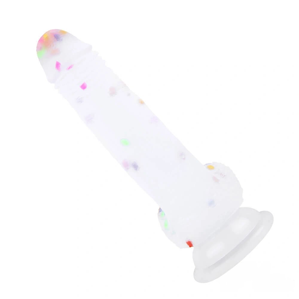 Clear dildo with colorful flecks and suction cup base, photo 3