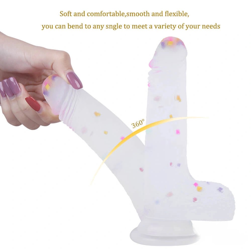 Clear dildo with colorful flecks and suction cup base, photo 5