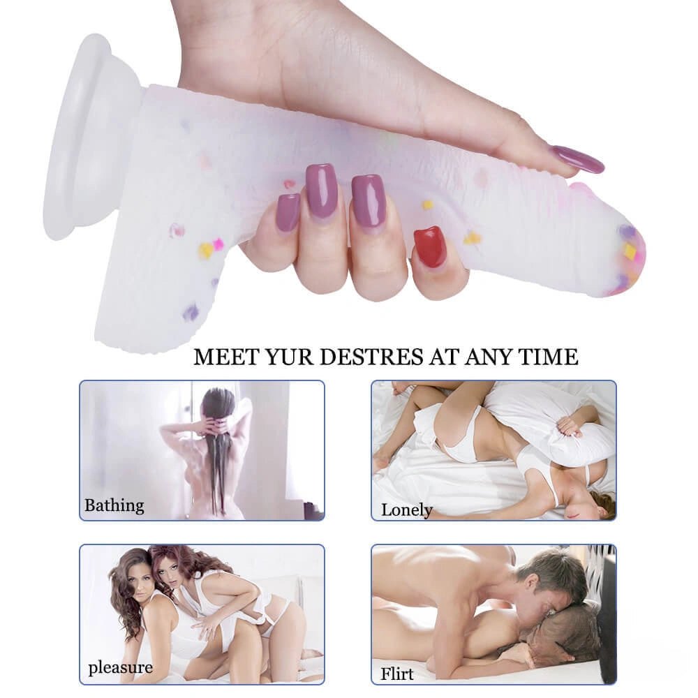Clear dildo with colorful flecks and suction cup base, photo 6