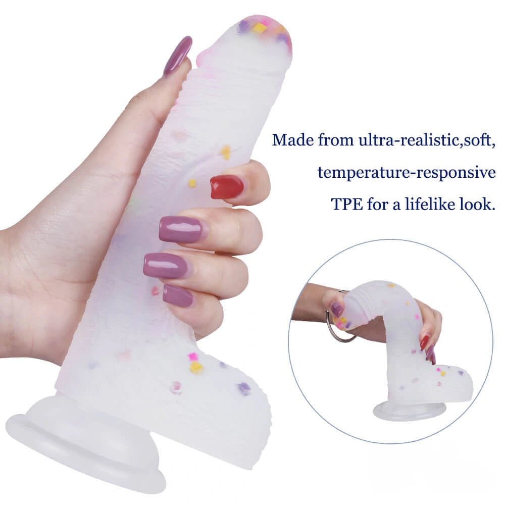 Clear dildo with colorful flecks and suction cup base, photo 7