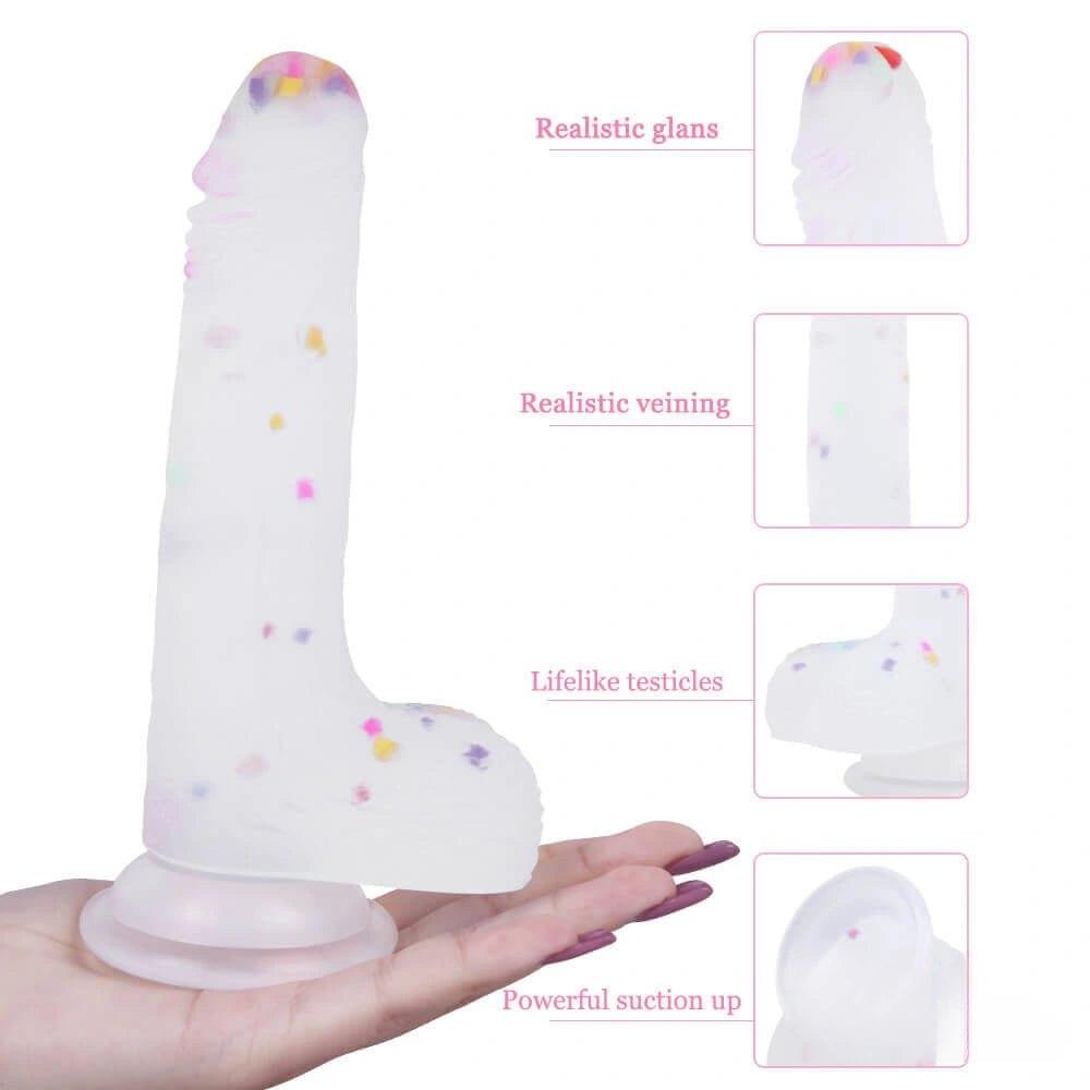 Clear dildo with colorful flecks and suction cup base, photo 8