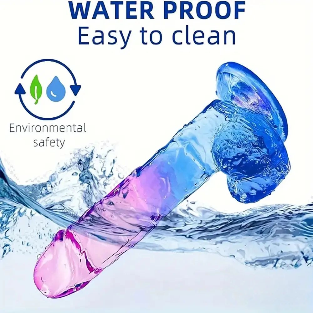 Purple to blue gradient clear TPE realistic dildo, photo 4