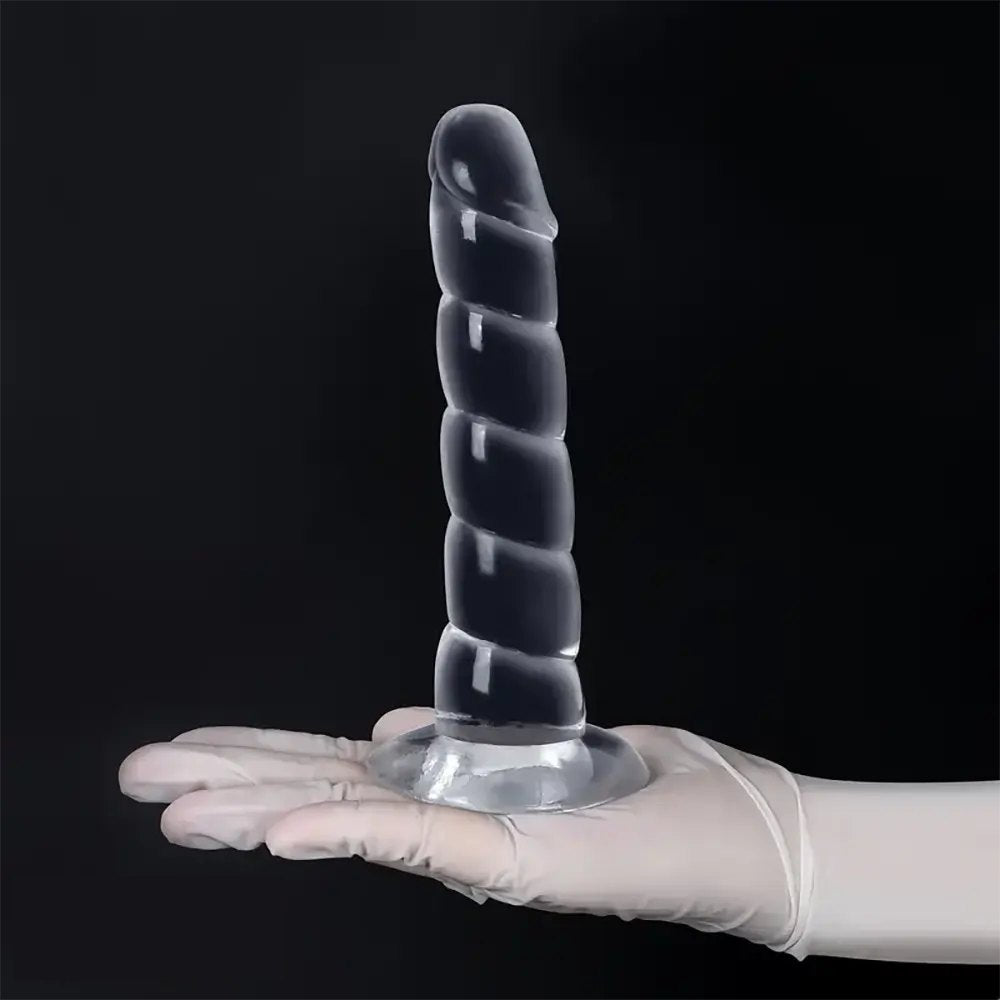 Clear ribbed PVC fantasy dildo with suction cup base, photo 3