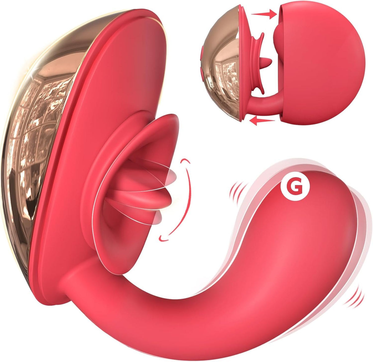 Red silicone clit suction vibrator with curved G-spot arm, photo 1