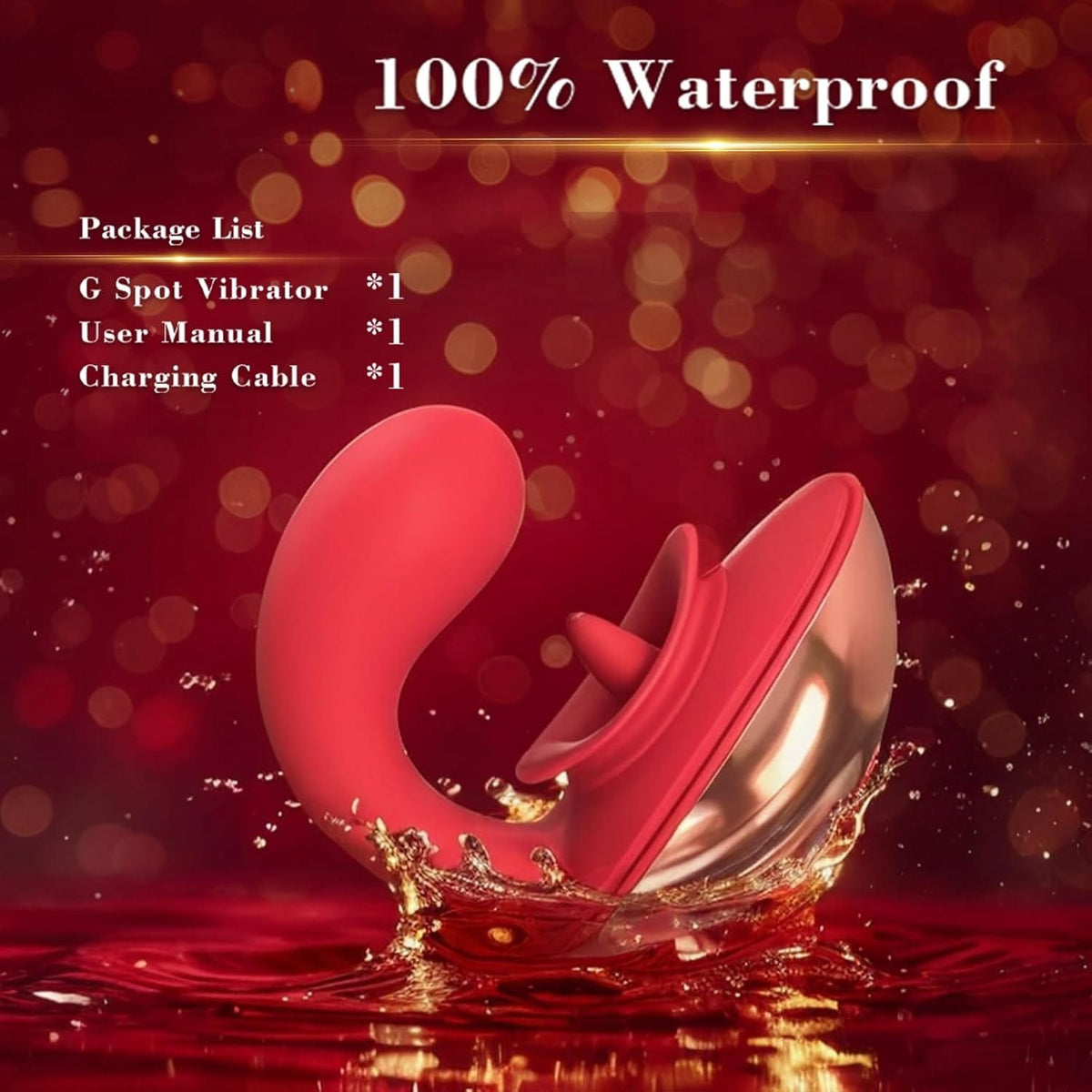 Red silicone clit suction vibrator with curved G-spot arm, photo 5