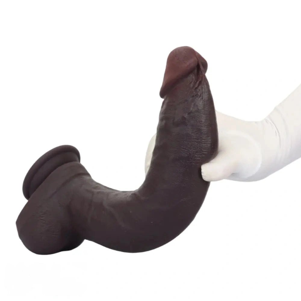 Coffee brown curved silicone dildo with suction cup base, photo 12