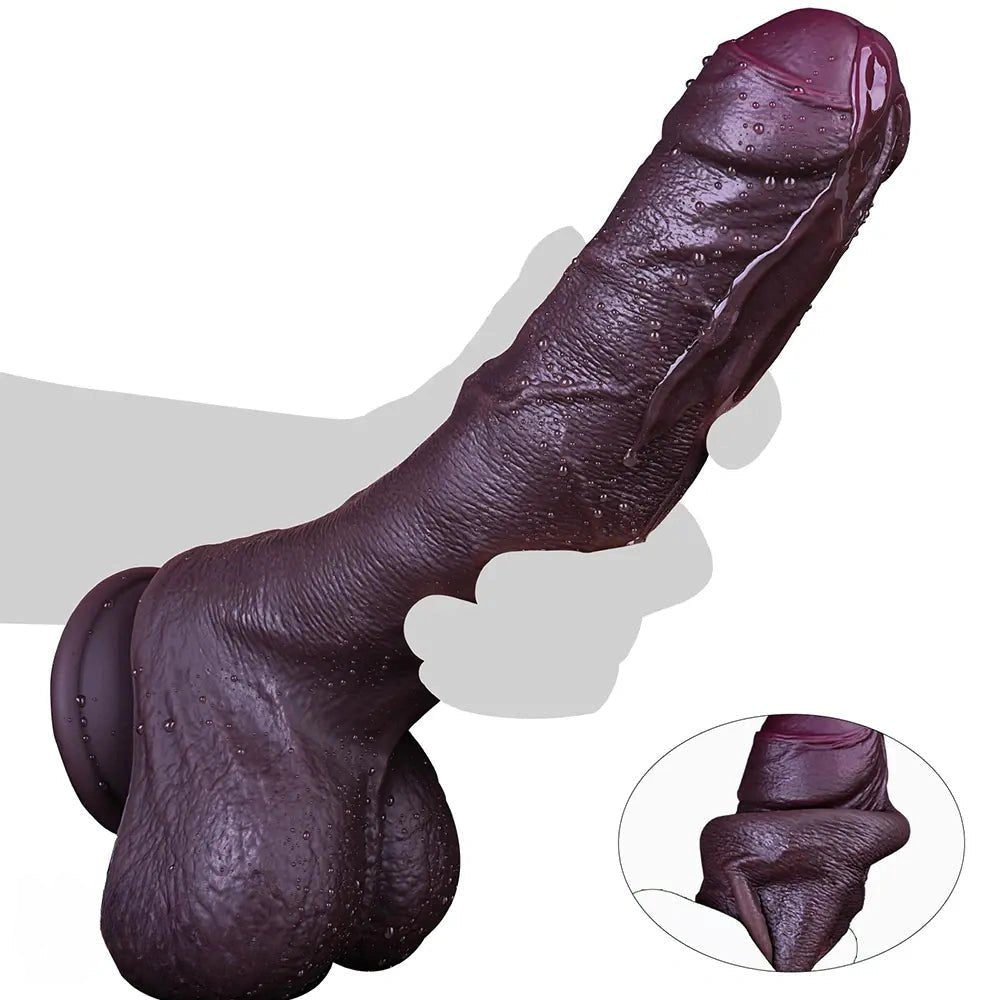 Coffee colored curved silicone dildo with realistic uncut head, photo 1