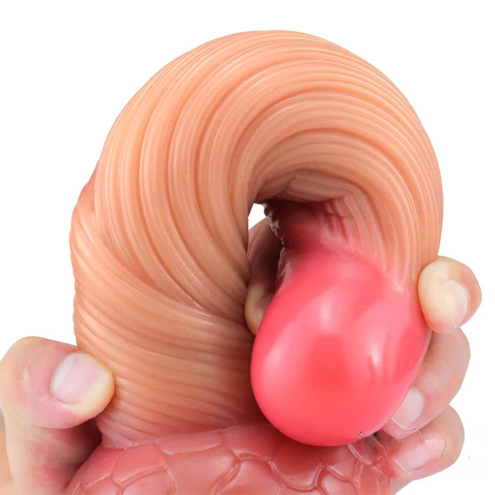 Red and tan ombre coiled silicone fantasy dildo, photo 2