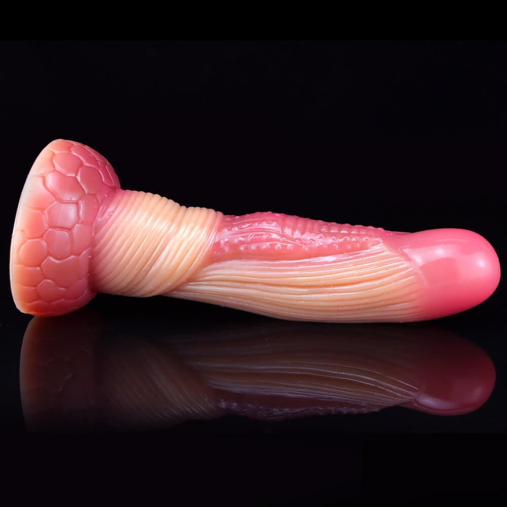 Red and tan ombre coiled silicone fantasy dildo, photo 8