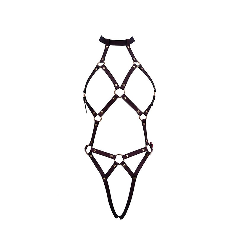 Black to Red color change PU leather bondage harness with handcuffs