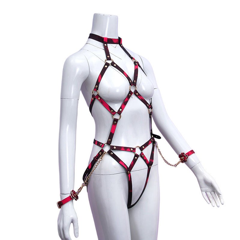 Color change PU leather bondage harness with handcuffs, photo 2
