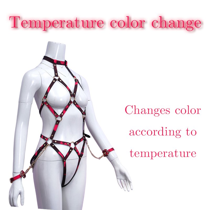 Color change PU leather bondage harness with handcuffs, photo 5