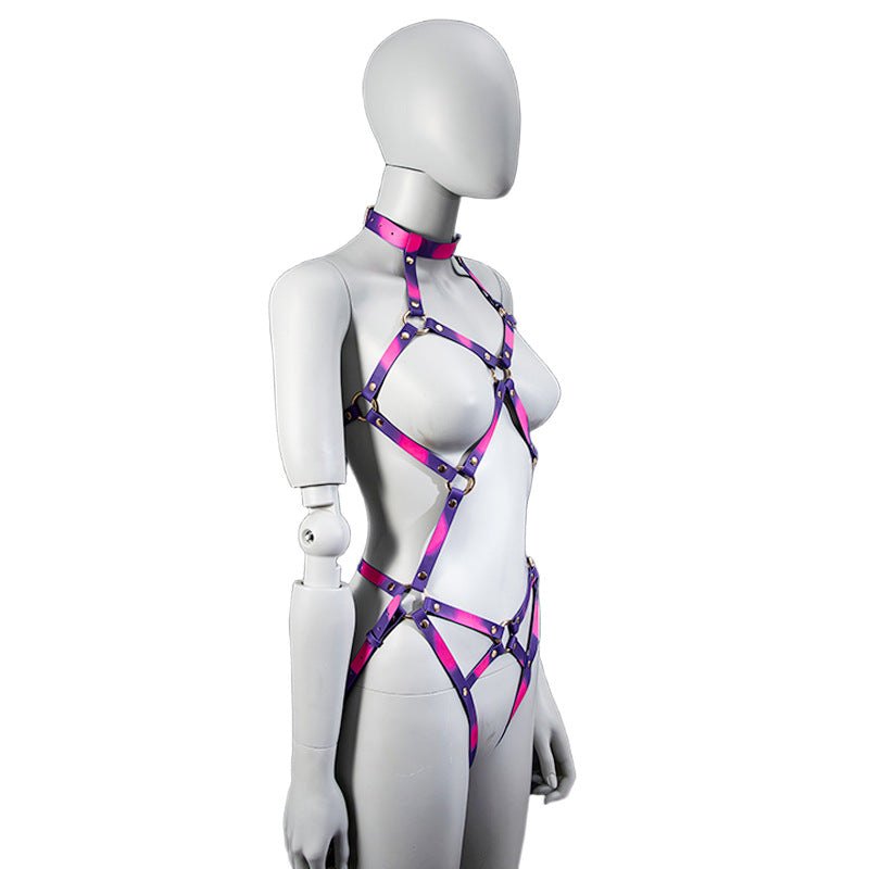Color change PU leather bondage harness with handcuffs, photo 6
