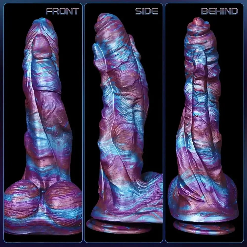 Purple blue swirl textured silicone fantasy dildo, photo 2
