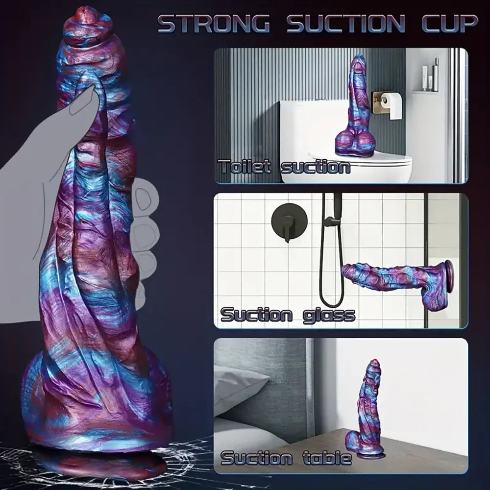 Purple blue swirl textured silicone fantasy dildo, photo 3