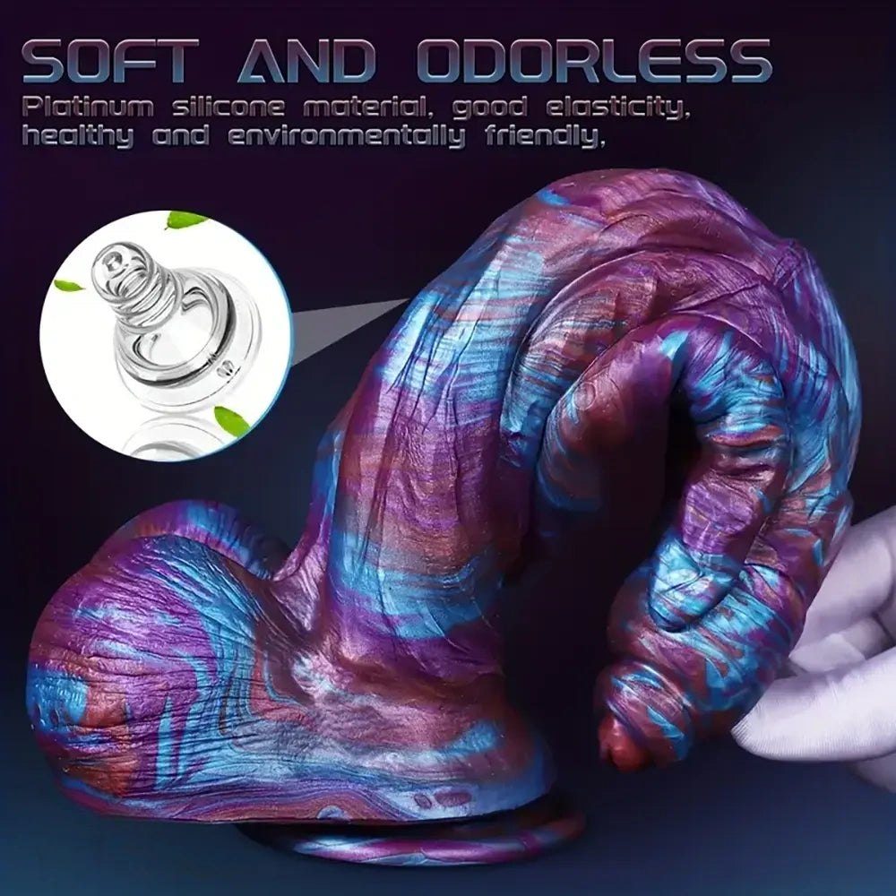 Purple blue swirl textured silicone fantasy dildo, photo 4