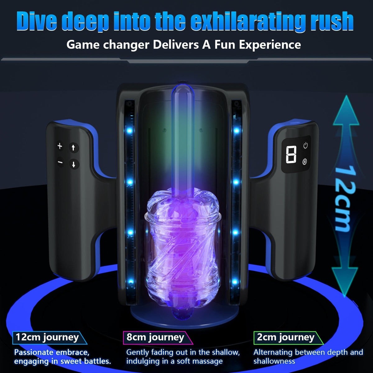 Black compact thrusting male masturbator with LCD display, photo 2