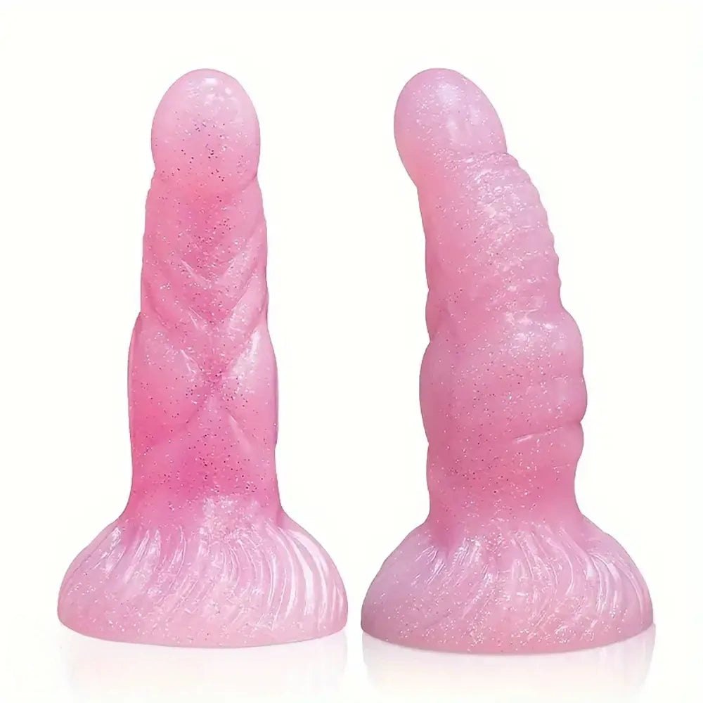 Pink glitter curved silicone g-spot dildo, photo 1