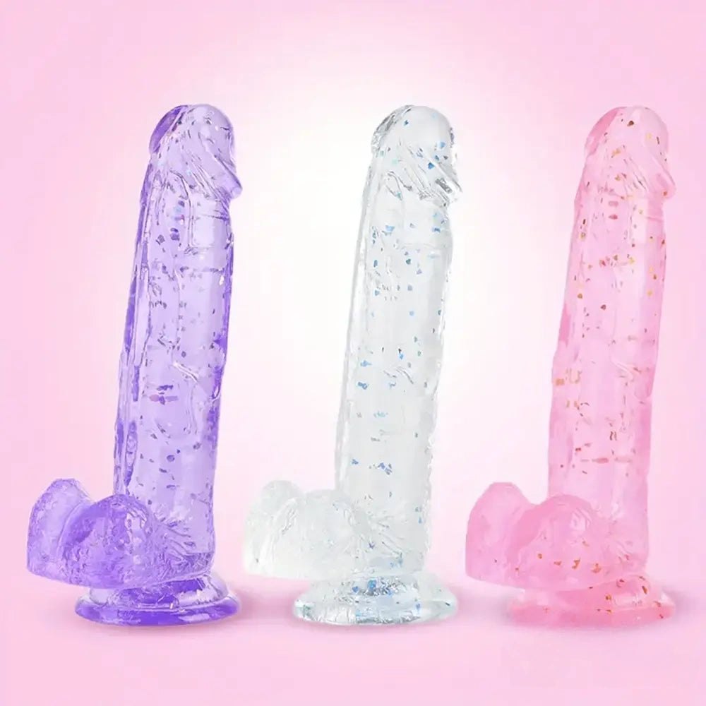 Pink translucent confetti tpe dildo