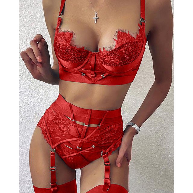 Red corset style satin lace garter set