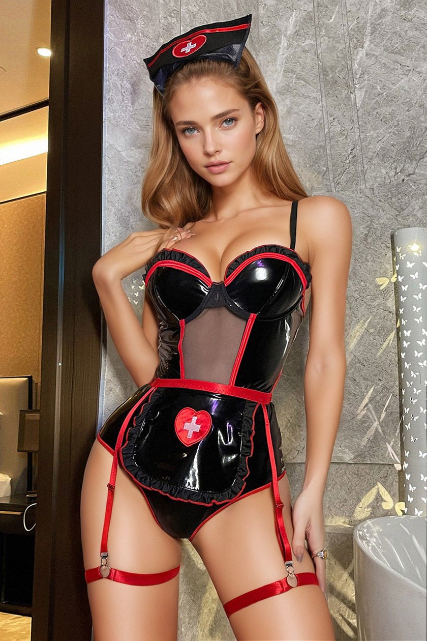Black/Red corset style wetlook nurse bodysuit costume