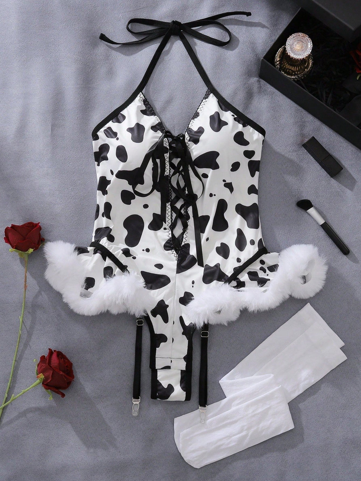 Cow print halter garter lace up bodysuit, photo 7