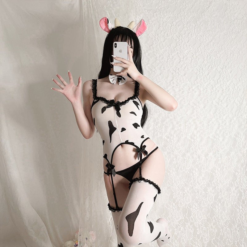 Black and White cow print mesh cosplay lingerie set