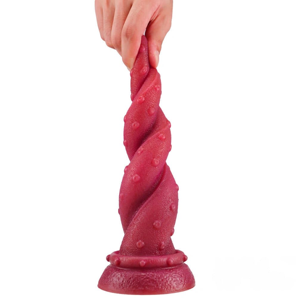 Deep red ombre spiral fantasy dildo, photo 3