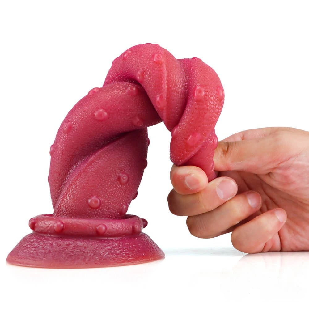 Deep red ombre spiral fantasy dildo, photo 4