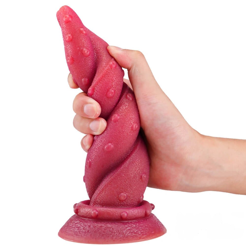 Deep red ombre spiral fantasy dildo, photo 5