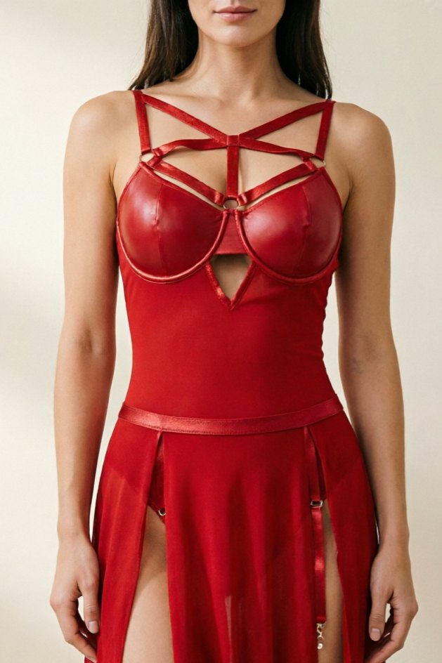 Red criss cross keyhole patent leather gown