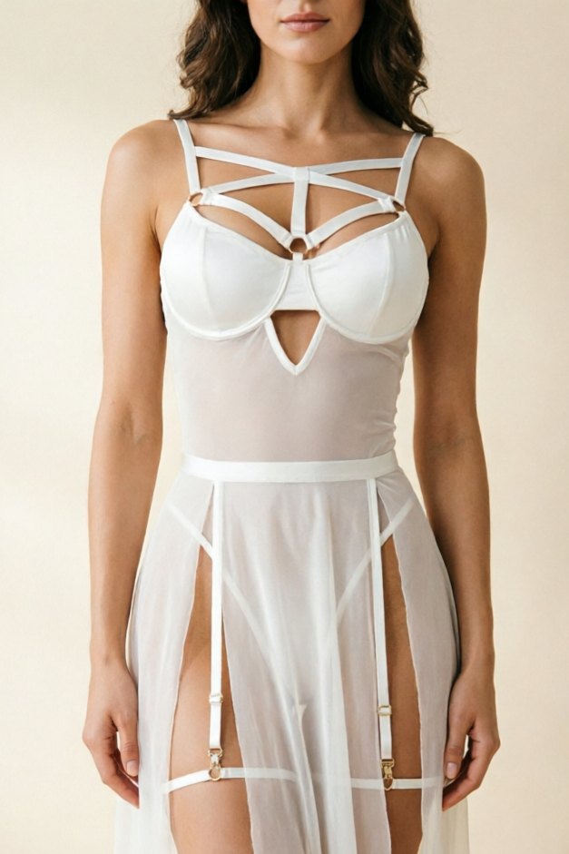 White criss cross keyhole patent leather gown