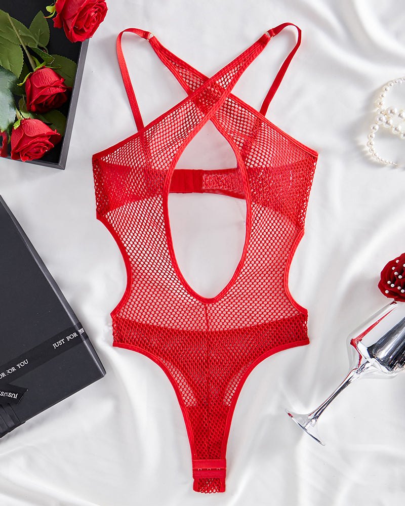 Red criss cross open cup fishnet teddy