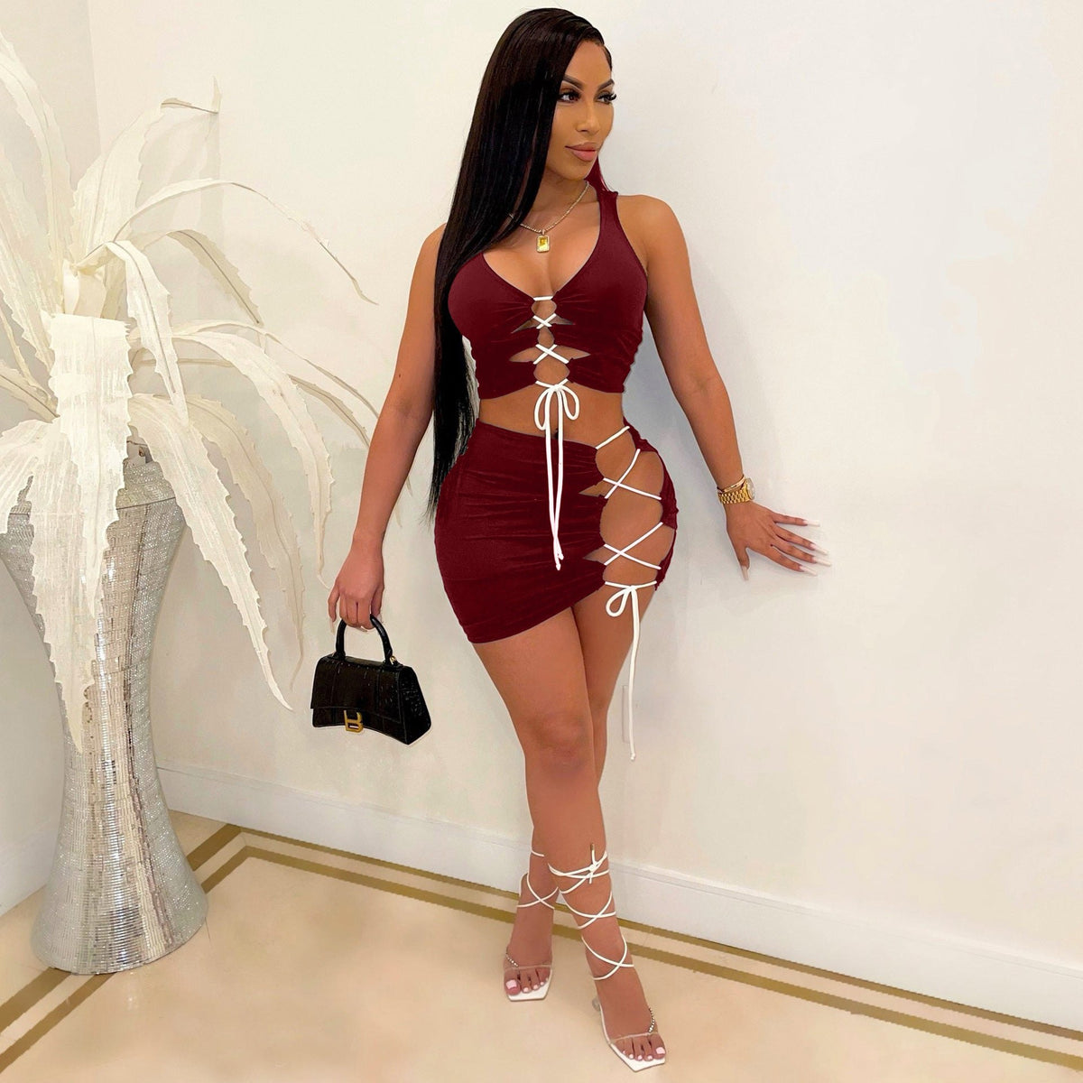 Red cross strap open crotch two piece set
