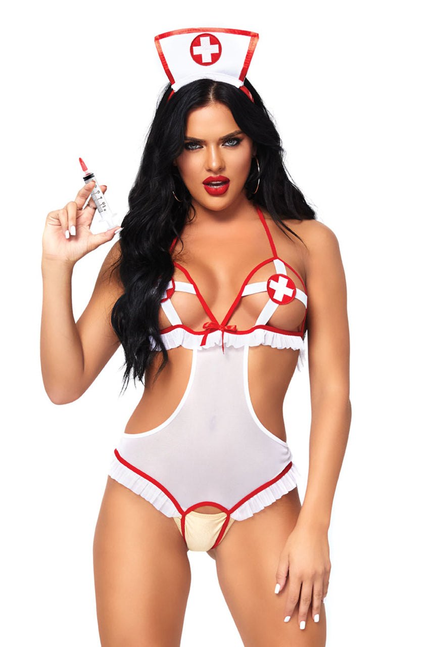 White/Red crotchless mesh halter nurse bodysuit costume