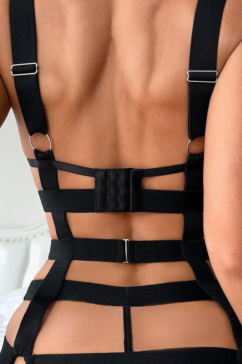 Crotchless strappy garter bodysuit black, photo 2