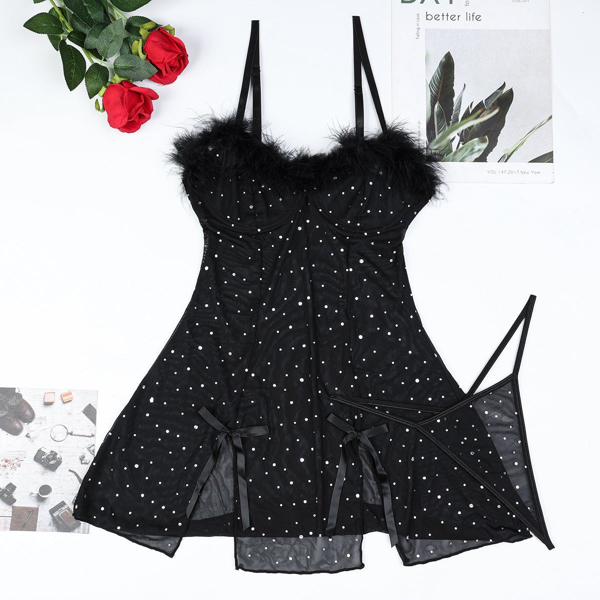Crystal feather mesh babydoll set black, photo 6