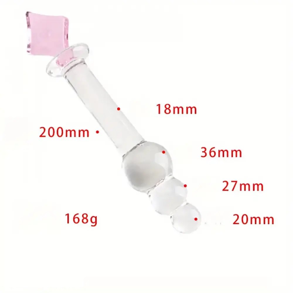 Clear glass anal beads dildo with pink square handle, photo 1