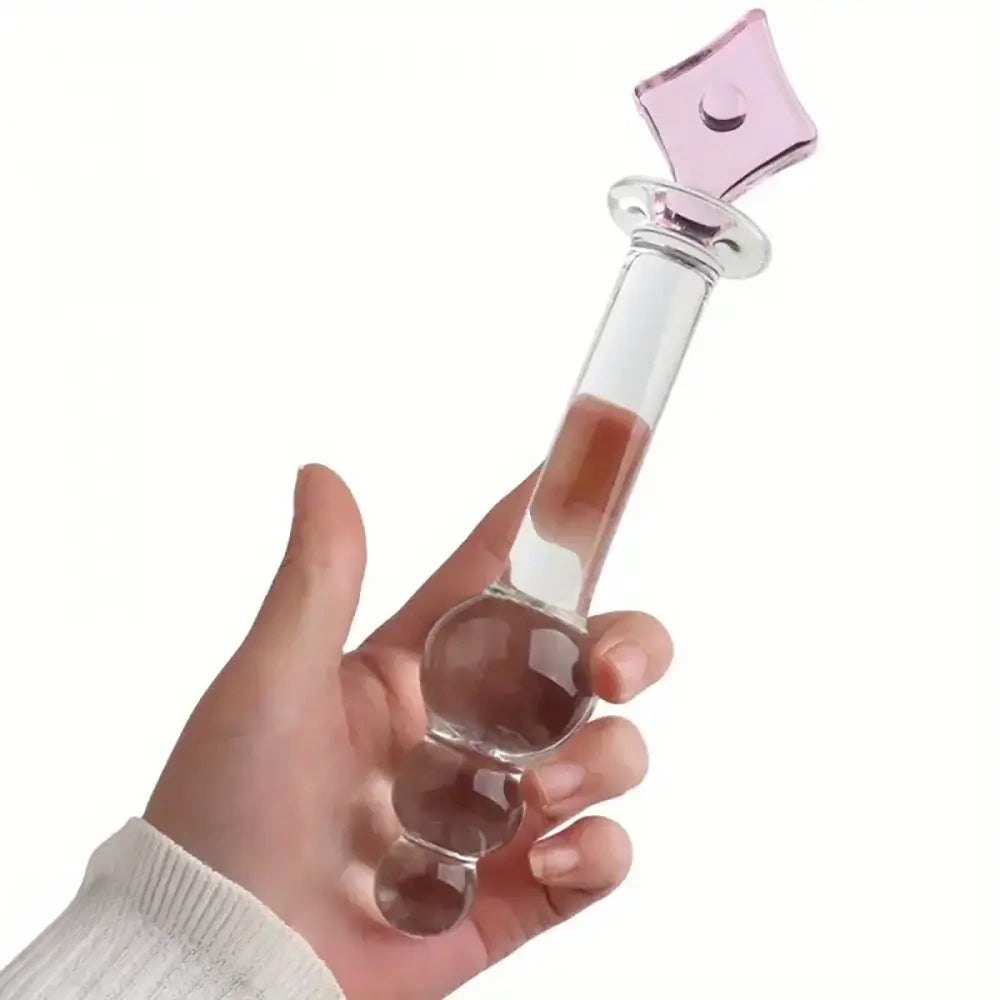 Clear glass anal beads dildo with pink square handle, photo 2