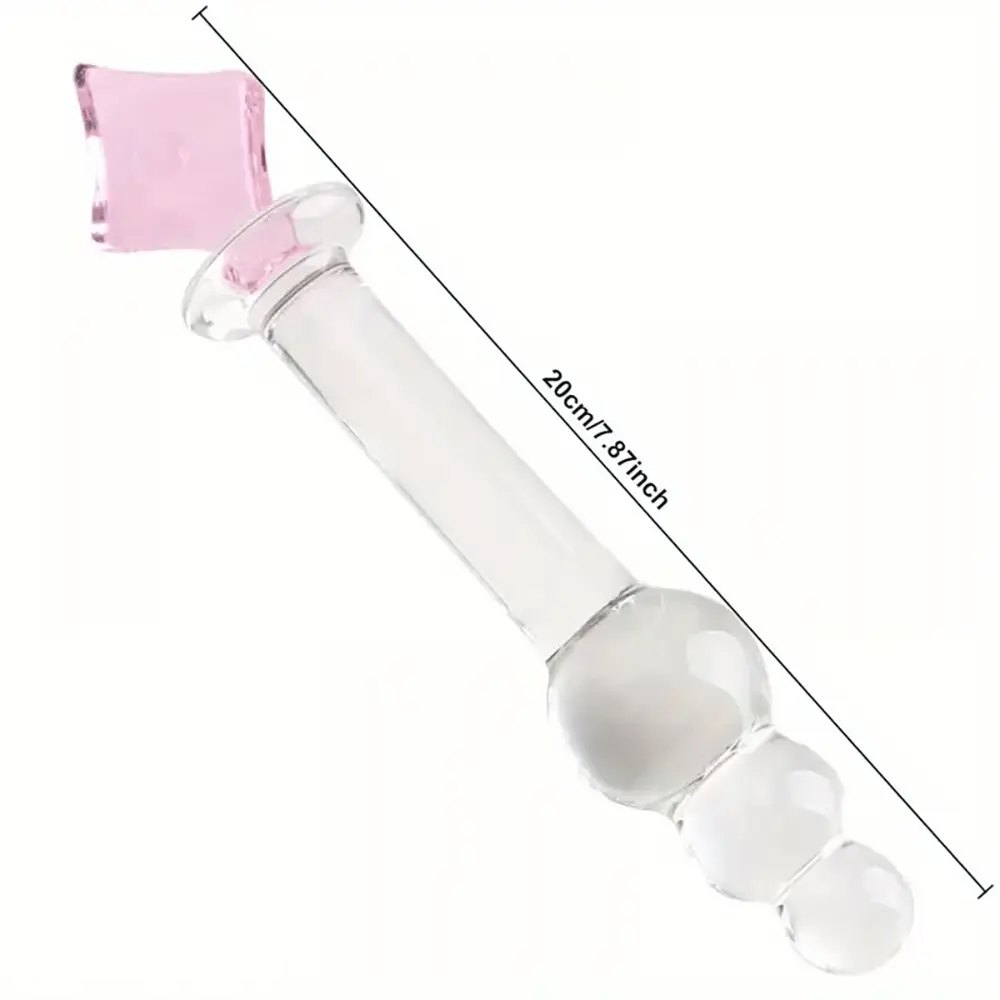 Clear glass anal beads dildo with pink square handle, photo 3