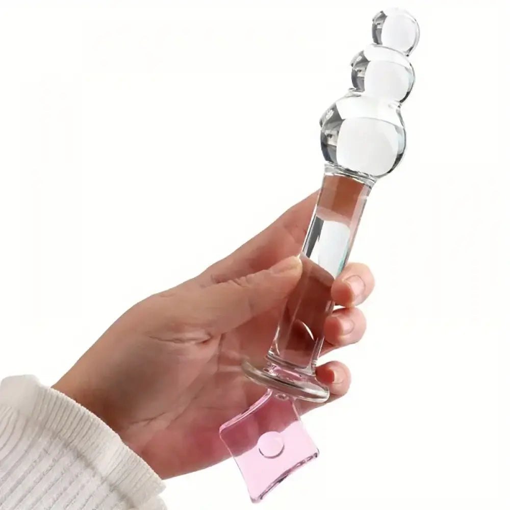 Clear glass anal beads dildo with pink square handle, photo 4