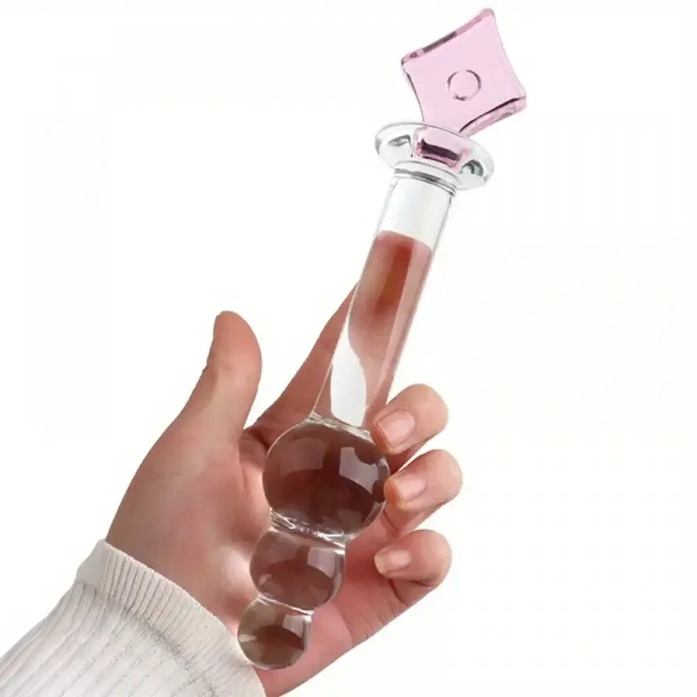Clear glass anal beads dildo with pink square handle, photo 5