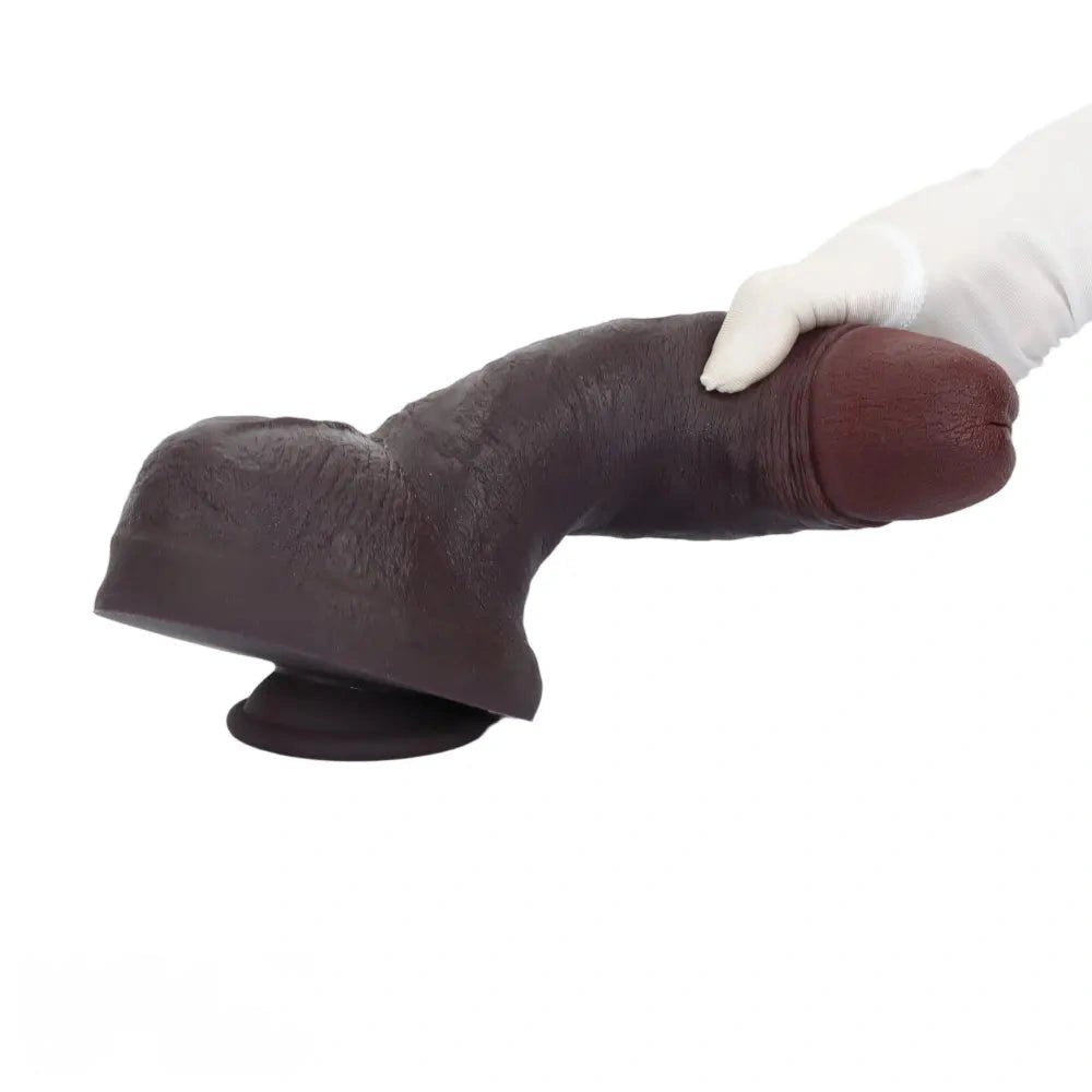 Curved coffee-tone silicone dildo with suction cup base, photo 14