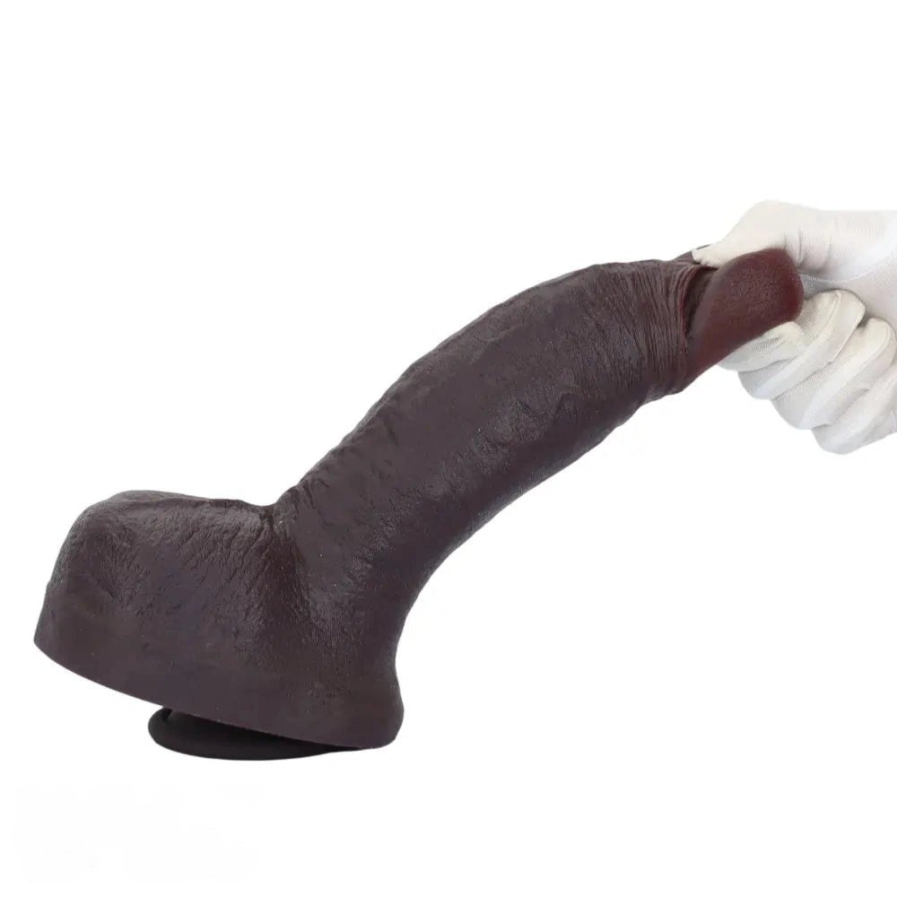 Curved coffee-tone silicone dildo with suction cup base, photo 15