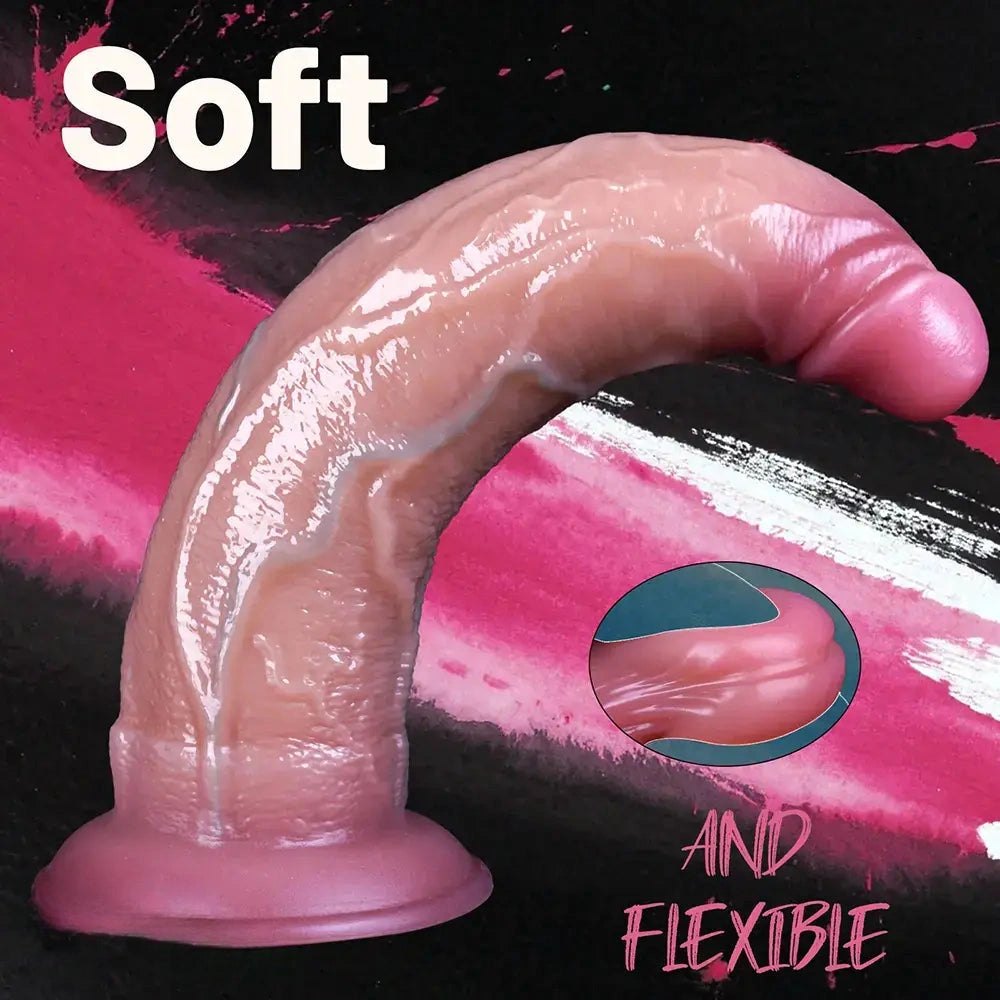 Flesh tone curved dual density silicone dildo with suction base, photo 4
