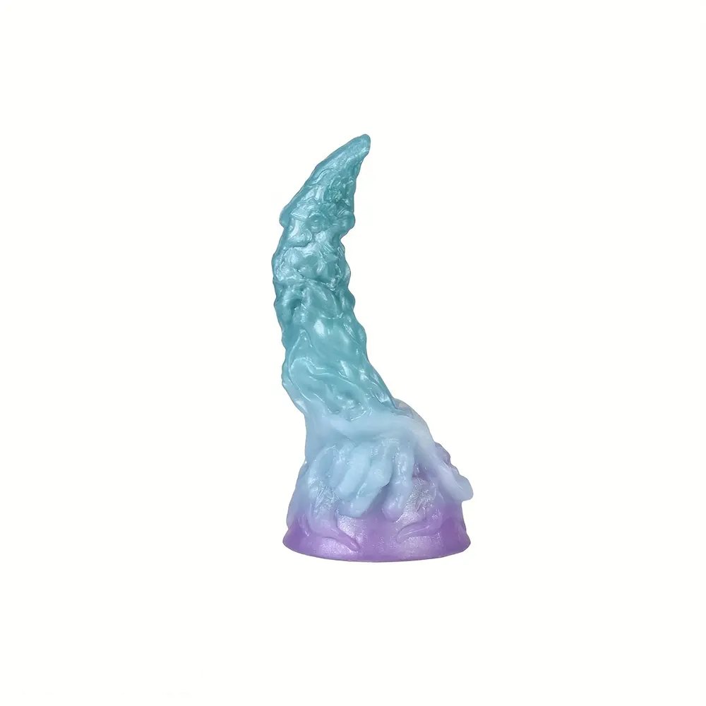Curved silicone fantasy dildo in teal to purple gradient, photo 10