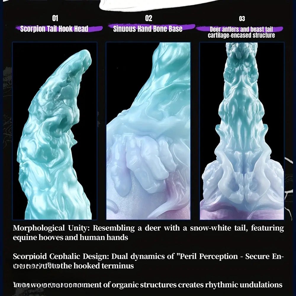 Curved silicone fantasy dildo in teal to purple gradient, photo 11
