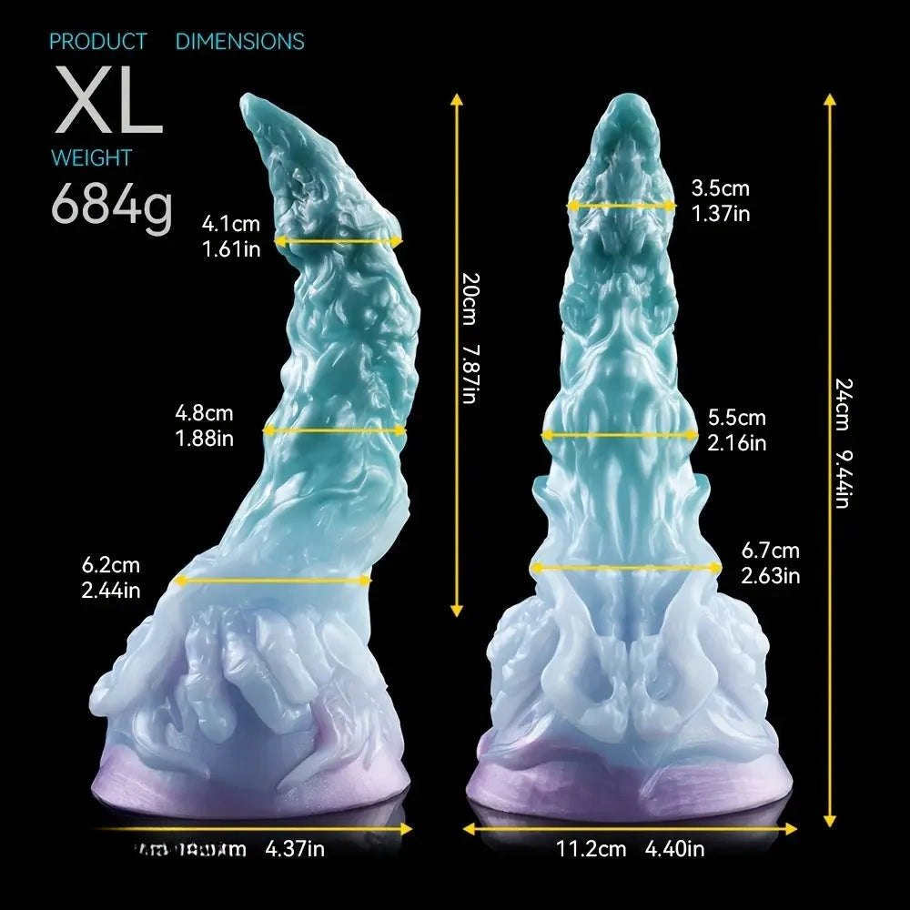 Curved silicone fantasy dildo in teal to purple gradient, photo 12