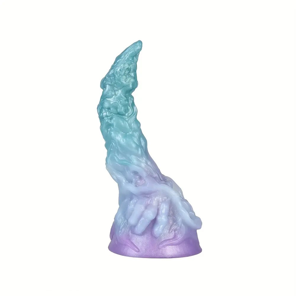 Curved silicone fantasy dildo in teal to purple gradient, photo 13